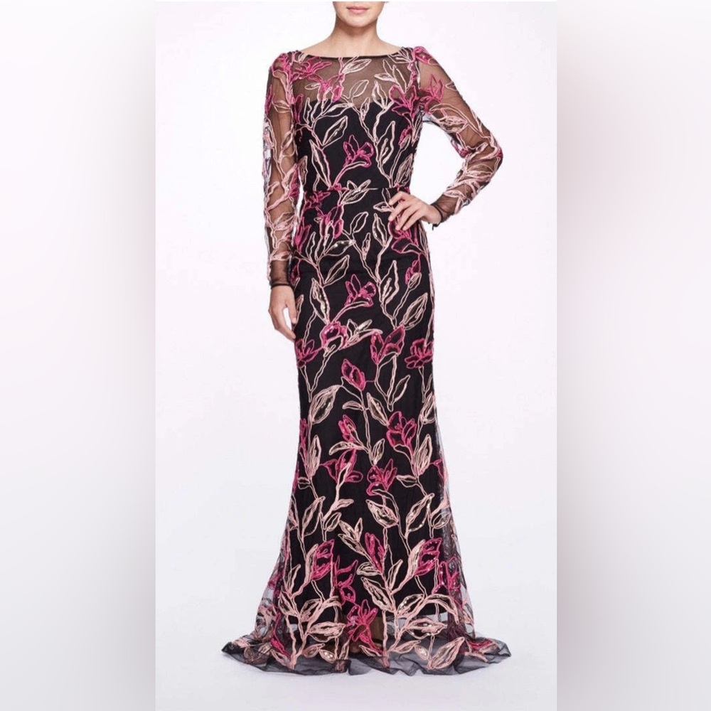 MARCHESA NOTTE***Elegant Floral Long Sleeve Maxi Dress Gown***US 6 $1295